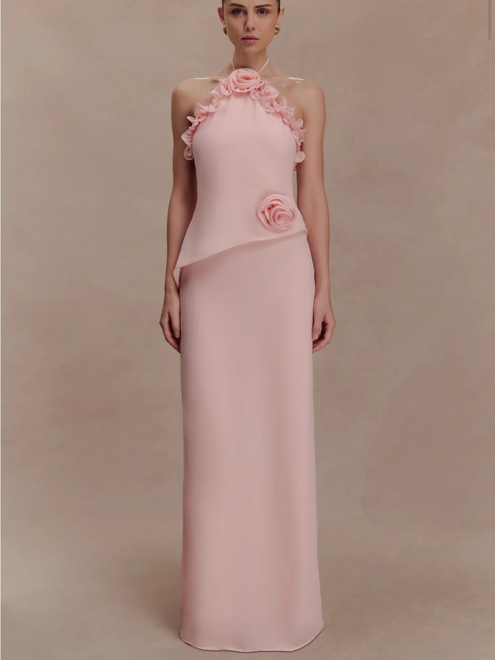 MESHKI Blush Pink Floral Halter Evening Gown